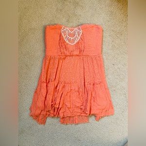 Free People Flowy Orange Strapless Smocked Top with Lace Embellishment Size S